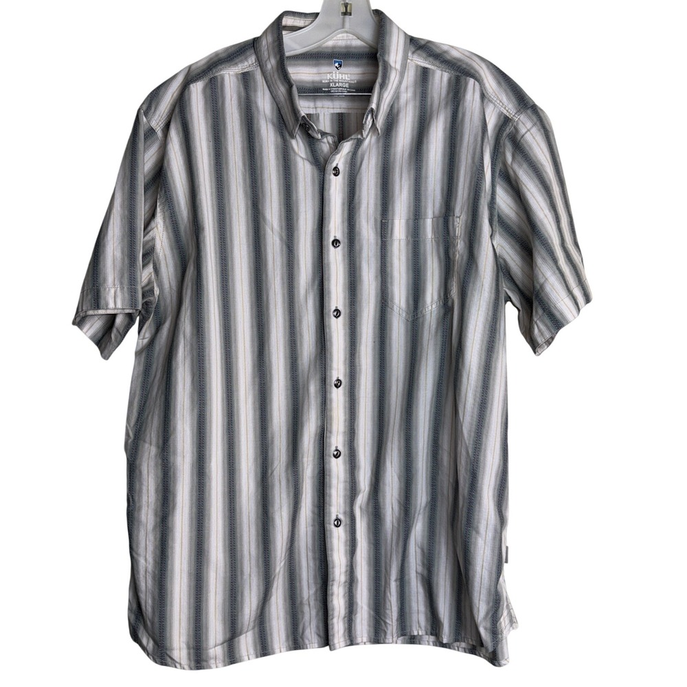 KUHL Men XL Gray Striped Short Sleeve Button Up Shirt Cotton Blend Outdoor - Picture 1 of 7